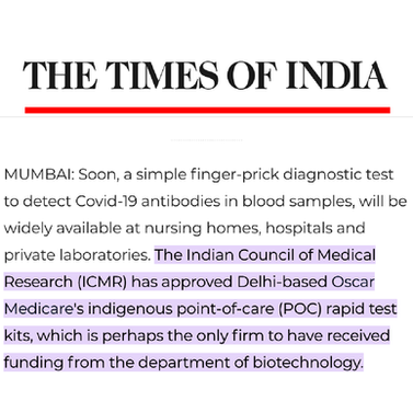 TOI: ICMR nod to first Indian Covid test kit